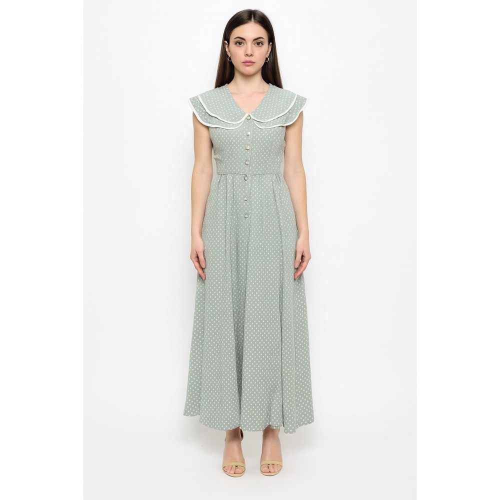 Katie MFG Dress Womens 12 Flutter Collared Polka Dot Green Maxi Button Front VTG